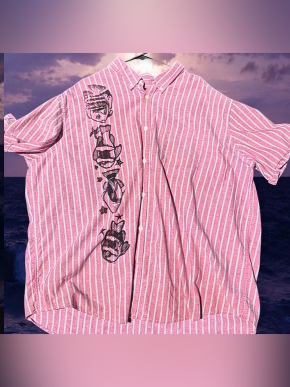 Pink Striped Short-Sleeve Button-Up Shirt with Graphic